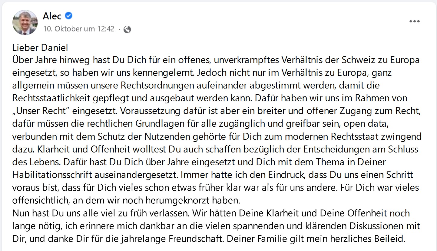 Abschiedsworte des Berner Stadtpräsidenten Alec von Graffenried an Daniel Hürlimann auf Facebook am 10.10.2022